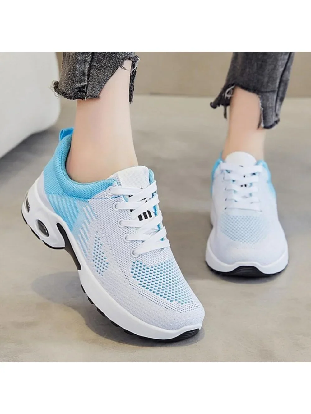 Women's White Blue Lightweight Air Cushion Mesh Breathable Casual Sneakers